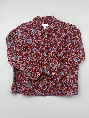 Haymaker Blouse Womens Large Red Floral Collared Button Up Long Sleeve Top